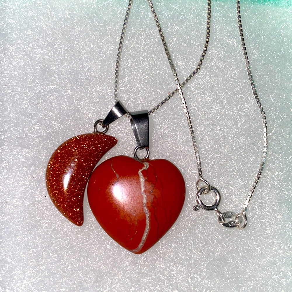 Red Jasper Heart ❤️ and Goldstone moon 🌙 Sterling Silver 16” Necklace